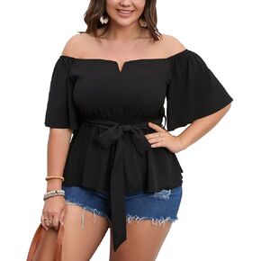 بلوزة SCOMCHIC للسيدات مقاس كبير مكشوفة الكتفين من Peplum بلوزة بأكمام نصف جرس وربطة خصر وحاشية مكشكشة بيبي دول in Kuwait