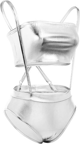 Women Shiny Metallic Bandeau Top + Suspender Hot Shorts Sexy Holographic Metallic Set Rave Outfit Sexy Bikini Clubwear in Saudi Arabia