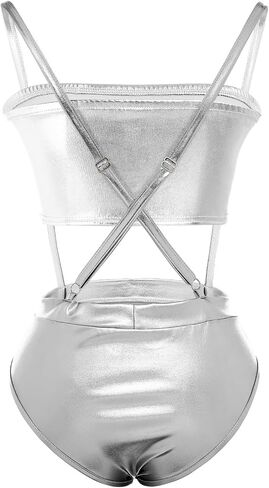 Women Shiny Metallic Bandeau Top + Suspender Hot Shorts Sexy Holographic Metallic Set Rave Outfit Sexy Bikini Clubwear in Saudi Arabia