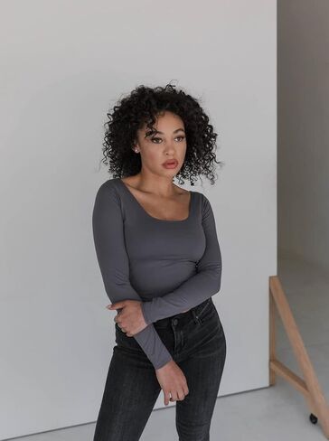 Almere Long Sleeve Top for Women, Contour Double-Lined Seamless Smooth Fabric Sleeved Basic Top w/Low Neck Cut in Kuwait