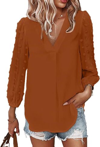 Samefar Women's Long Sleeve Pom Pom Top V Neck Pleated Shirts Casual Loose Chiffon Blouse in Kuwait