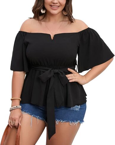 بلوزة SCOMCHIC للسيدات مقاس كبير مكشوفة الكتفين من Peplum بلوزة بأكمام نصف جرس وربطة خصر وحاشية مكشكشة بيبي دول in Kuwait