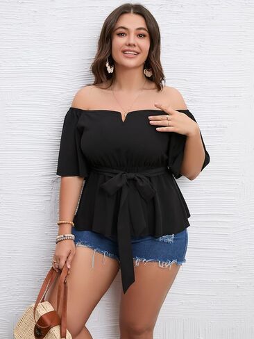 بلوزة SCOMCHIC للسيدات مقاس كبير مكشوفة الكتفين من Peplum بلوزة بأكمام نصف جرس وربطة خصر وحاشية مكشكشة بيبي دول in Kuwait