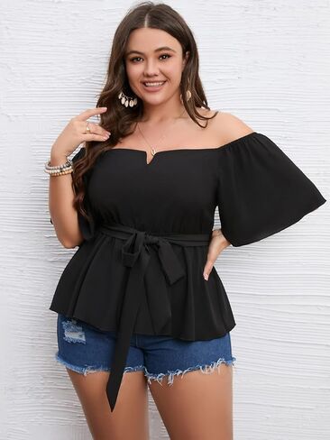 بلوزة SCOMCHIC للسيدات مقاس كبير مكشوفة الكتفين من Peplum بلوزة بأكمام نصف جرس وربطة خصر وحاشية مكشكشة بيبي دول in Kuwait