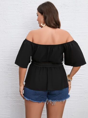 بلوزة SCOMCHIC للسيدات مقاس كبير مكشوفة الكتفين من Peplum بلوزة بأكمام نصف جرس وربطة خصر وحاشية مكشكشة بيبي دول in Kuwait