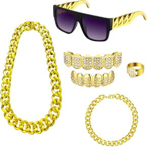 Zhanmai 5 Pcs 80s 90s Rapper Hip Hop Costumes Accessories Kit Includes Plated Gold Grills Teeth Sunglasses Fake Gold Chain Necklace Ring Bracelet for Men Women 80s 90s Costume Cosplay (Novel)