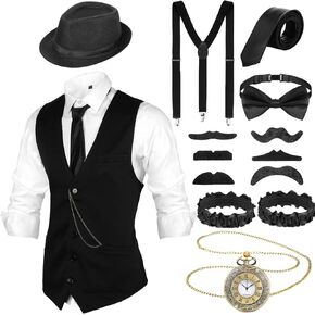 SATINIOR 1920s Mens Costume 20s Halloween Cosplay Accessories Outfit with Gangster Vest Fedora Hat Pocket Watch Suspenders