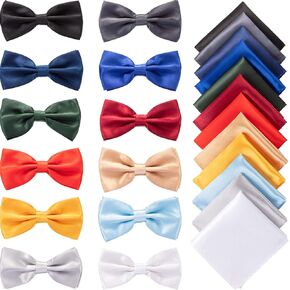 12 Sets Pre tied Bow Tie Pocket Square Handkerchief Solid Color Bowtie Satin Handkerchief for Men Boys