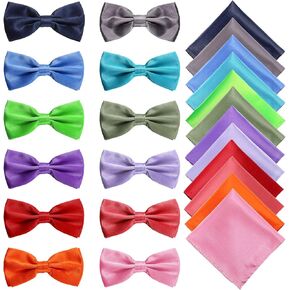 12 Sets Pre tied Bow Tie Pocket Square Handkerchief Solid Color Bowtie Satin Handkerchief for Men Boys