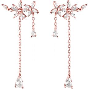 SLUYNZ 925 Sterling Silver CZ Flowers Wrap Earrings Dangle Chain for Women Girls Elegant Dangling Earrings Bridal Earrings Wedding Engagement Drop Earrings