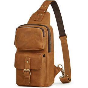 Prospo Sling Bag Men Women Vintage Genuine Leather Shoulder Backpack Satchel Chest Casual Daypack Crossbody Outdoor