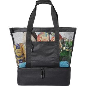 Clothforall Beach Bag with Cooler - Large Beach Bags for Women, Mesh Beach Bag with Zipper, Beach Bags Waterproof Sandproof for Beach Pool Travel Picnic Camping Daily - Black2 in Saudi Arabia