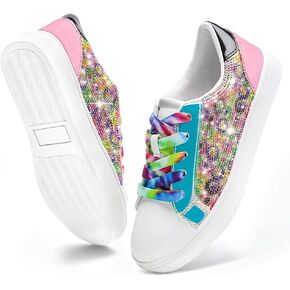 Girls Sneakers Sparkle Glitter Low Top Sneakers for Kids PU Leather Fashion Shoes with Colorful Shoelace in Saudi Arabia