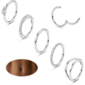 ORAZIO 14G Belly Button Ring Hoop Surgical Steel Belly Button Hoop Rings Hinged Seamless Clicker Belly Ring CZ Paved Belly Piercing Jewelry Gold Silver 10/12mm