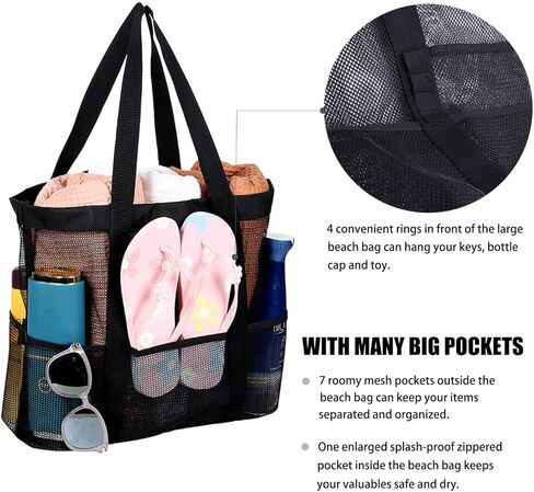 Beach Bag, Mesh Beach Tote Bag for Women XL Travel Beach Toy Bag, Large Lightweight Pool Bag with Zipper and Multiple Pockets in Kuwait
