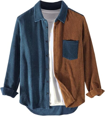 UANEO Mens Corduroy Patchwork Long Sleeve Casual Button Down Shirt Shacket in Kuwait