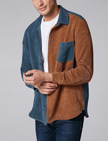 UANEO Mens Corduroy Patchwork Long Sleeve Casual Button Down Shirt Shacket in Kuwait