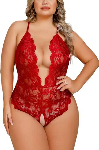LadyIn Women's Plus Size Sexy Lingerie One Piece Women Deep V Teddy Floral Lace Bodysuit Babydoll in Kuwait