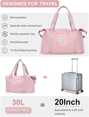 حقيبة سفر لصالة الألعاب الرياضية واق من المطر للسفر، حقيبة حمل للأغراض الشخصية لعطلات نهاية الأسبوع، حقيبة كتف رياضية طوال الليل للنساء والرجال مع حجرة للأحذية، أسود in Kuwait