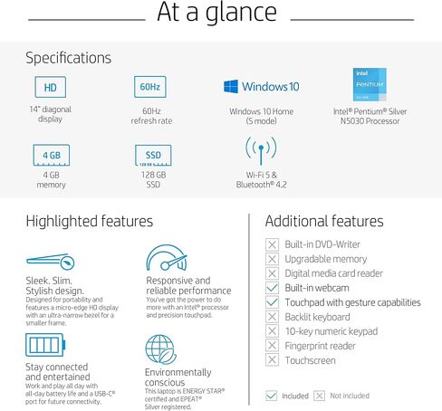 لاب توب 2019 HP 14" FHD | Intel Quad-Core Pentium Silver N5000 حتى 2. 7 جيجاهرتز | DDR4 جيجابايت | 64GB eMMC SSD | Office 365 Personal-1yr | يدعم حتى 256G Micro SD تخزين إضافي in Saudi Arabia