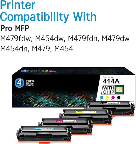 حبر 414A (مع الشريحة) استبدال متوافق مع WISETA ل HP 414A 414X W2020A متوافق مع HP Color Laserjet Pro MFP M479fdw M454dw M454dn M479fdn طابعة (أسود سماوي أرجواني أصفر، 4 حزم) in Kuwait