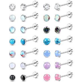 YADOCA 14Pairs Hypoallergenic Screw Back Stud Earrings for Women Men Surgical Steel Flat Back Tiny CZ Opal Moonstone Turquoise Screwback Earrings Studs Set Piercing Jewelry