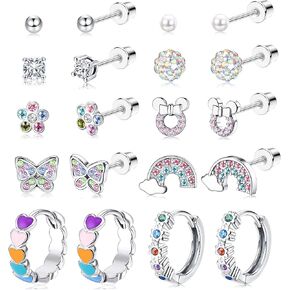 Thunaraz 10 Pairs Hypoallergenic Screwback Earrings for Women 316L Stainless Steel CZ Heart Hoop Earrings Cute Flower Butterfly Screw Back Stud Earrings Set 20G