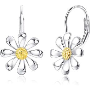 Milacolato 925 Sterling Silver Flower Earrings 18K White Gold Plated Flower Leverback Earrings Daisy Flower Dangle Drop Earrings for Women Girl