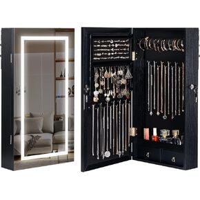 LAVIEVERT Jewelry Armoire with LED Lighted Mirror, Wall/Door Mounted Frameless Mirror with 3 Color Lights, Lockable Jewelry Cabinet Hanging Jewelry Organizer with 2 Drawers - Black