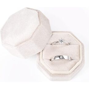 Etercycle Velvet Ring Box, Octagon Gorgeous Vintage Double Jewelry Ring Gift Box with Detachable Lid for Proposal Engagement Wedding Ceremony (Beige)