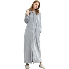 Artfasion Womens Robe Long Zipper Front Hooded Full Length Housecoat Sleepwear for Ladies