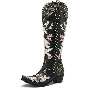 YIYA Women's Star Cowboy Boots Black and White Cowgirl Boots with White Stars Pointed Toe Chunky Low Heel Pull-On Wide Calf Western Embroidered Boots in Saudi Arabia