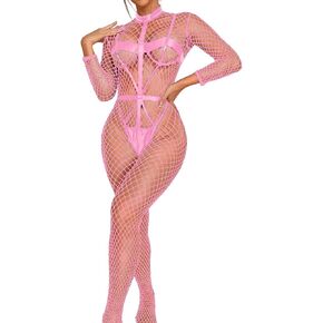 Kaei&Shi Strappy Lingerie, Underwire, Collar, Full Body Fishnet & Bodysuit, 2Pcs