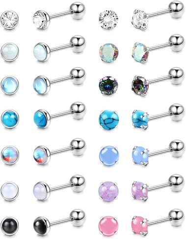 YADOCA 14 زوجًا من الأقراط المسمارية الخلفية غير المسببة للحساسية للنساء والرجال من الفولاذ الجراحي بظهر مسطح صغير تشيكوسلوفاكيا أوبال حجر القمر الفيروزي أقراط مسمارية مجموعة ثقب المجوهرات in Kuwait