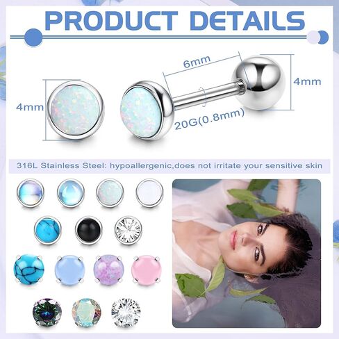 YADOCA 14 زوجًا من الأقراط المسمارية الخلفية غير المسببة للحساسية للنساء والرجال من الفولاذ الجراحي بظهر مسطح صغير تشيكوسلوفاكيا أوبال حجر القمر الفيروزي أقراط مسمارية مجموعة ثقب المجوهرات in Kuwait