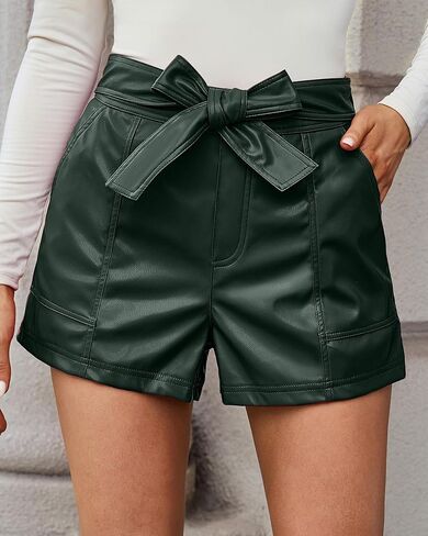 luvamia Faux Leather Shorts for Women High Waist Wide Leg Stretchy Waist Shorts with Pockets Belt Short PU Leather Pants in Saudi Arabia