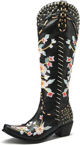 YIYA Women's Star Cowboy Boots Black and White Cowgirl Boots with White Stars Pointed Toe Chunky Low Heel Pull-On Wide Calf Western Embroidered Boots in Kuwait