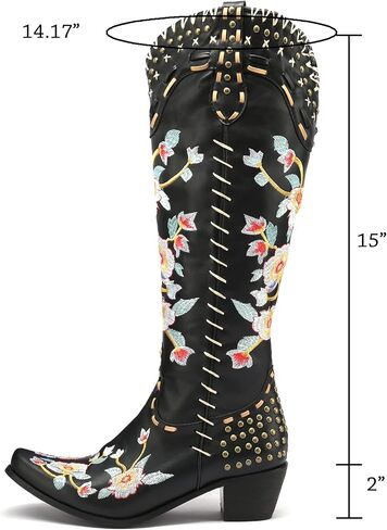 YIYA Women's Star Cowboy Boots Black and White Cowgirl Boots with White Stars Pointed Toe Chunky Low Heel Pull-On Wide Calf Western Embroidered Boots in Kuwait