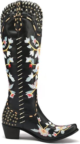 YIYA Women's Star Cowboy Boots Black and White Cowgirl Boots with White Stars Pointed Toe Chunky Low Heel Pull-On Wide Calf Western Embroidered Boots in Kuwait