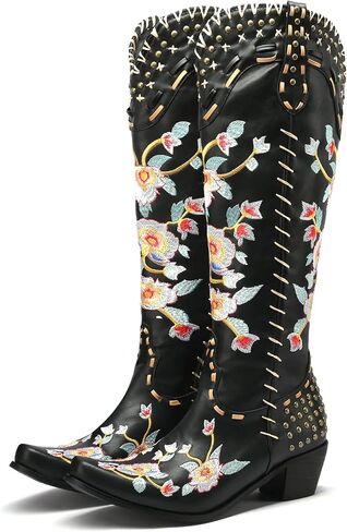 YIYA Women's Star Cowboy Boots Black and White Cowgirl Boots with White Stars Pointed Toe Chunky Low Heel Pull-On Wide Calf Western Embroidered Boots in Kuwait