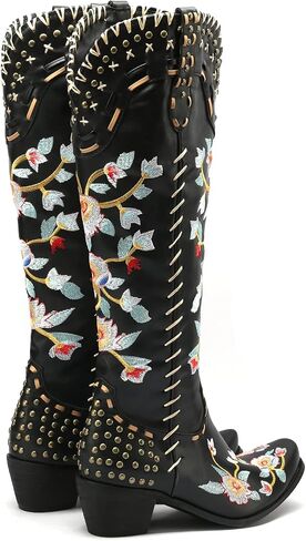 YIYA Women's Star Cowboy Boots Black and White Cowgirl Boots with White Stars Pointed Toe Chunky Low Heel Pull-On Wide Calf Western Embroidered Boots in Kuwait