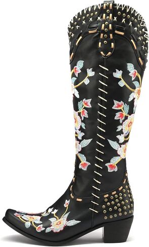 YIYA Women's Star Cowboy Boots Black and White Cowgirl Boots with White Stars Pointed Toe Chunky Low Heel Pull-On Wide Calf Western Embroidered Boots in Kuwait