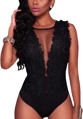 بدلة قطعة واحدة مثيرة من الدانتيل شفافة من خلال شبكة بدون أكمام، ملابس للحفلات والنوادي والخروج والخروج والليل للنساء باللون الأسود in Kuwait