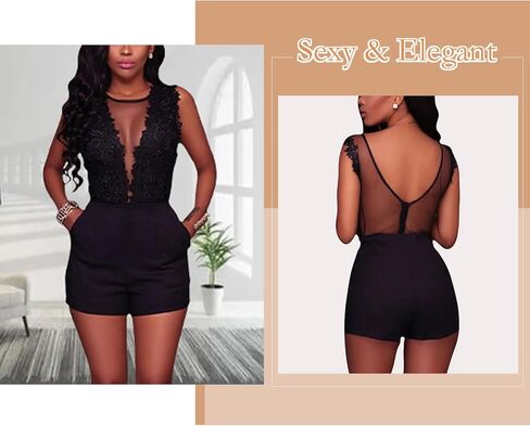 بدلة قطعة واحدة مثيرة من الدانتيل شفافة من خلال شبكة بدون أكمام، ملابس للحفلات والنوادي والخروج والخروج والليل للنساء باللون الأسود in Kuwait