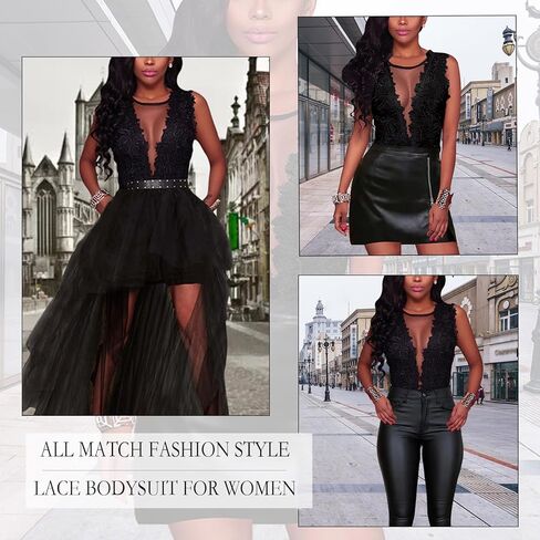 بدلة قطعة واحدة مثيرة من الدانتيل شفافة من خلال شبكة بدون أكمام، ملابس للحفلات والنوادي والخروج والخروج والليل للنساء باللون الأسود in Kuwait