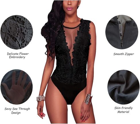 بدلة قطعة واحدة مثيرة من الدانتيل شفافة من خلال شبكة بدون أكمام، ملابس للحفلات والنوادي والخروج والخروج والليل للنساء باللون الأسود in Kuwait