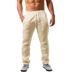 Karlywindow Mens Linen Pants Casual Loose Lightweight Drawstring Elastic Waist Summer Yoga Beach Trousers
