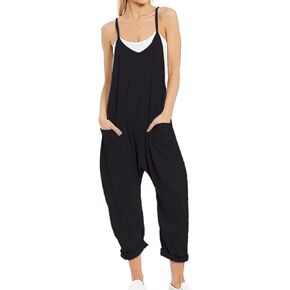 Peaceglad Women's Causal Jumpsuits V Neck Sleeveless Harem Overalls Stretchy Adjustable Strap Romper with Pockets