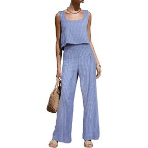 ROYLAMP Women's Summer 2 Piece Outfits Sleeveless Square Neck Tops Wide Leg Pants set Jumpsuit with Pockets in Saudi Arabia
