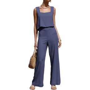 ROYLAMP Women's Summer 2 Piece Outfits Sleeveless Square Neck Tops Wide Leg Pants set Jumpsuit with Pockets